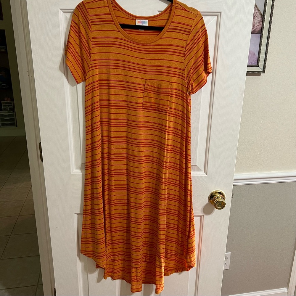 EUC Sz S LulaRoe Carly Dress - Orange and Red Stripes